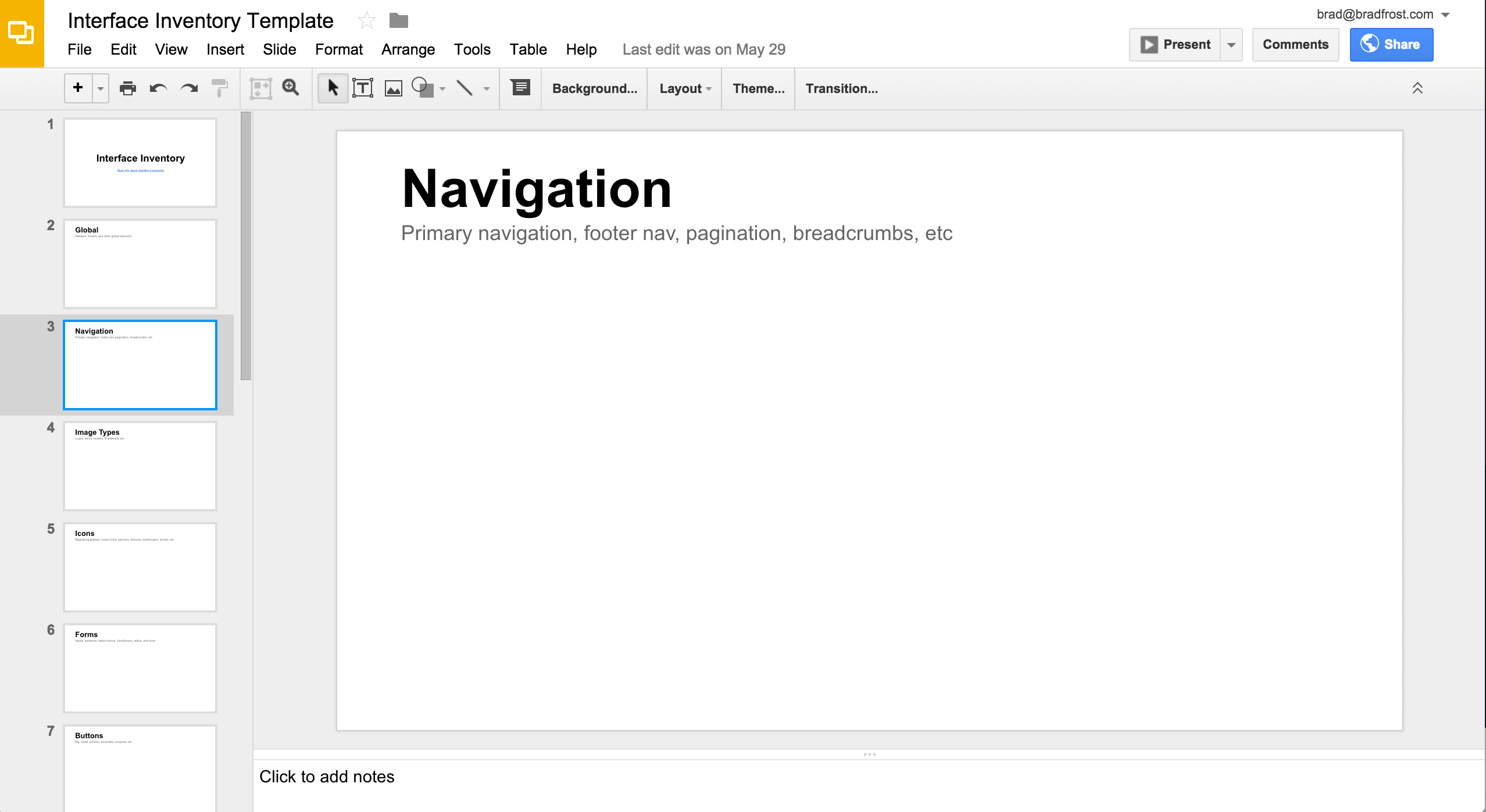 It's important for all participants to capture screenshots using the same software so they can be combined later. I've created a Google Slides interface inventory template for teams to use as a starting point.