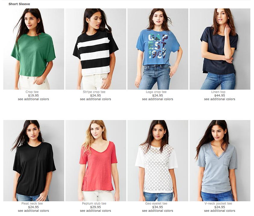 A product grid organism on Gap's e-commerce website consists of the same product item molecule repeated again and again.