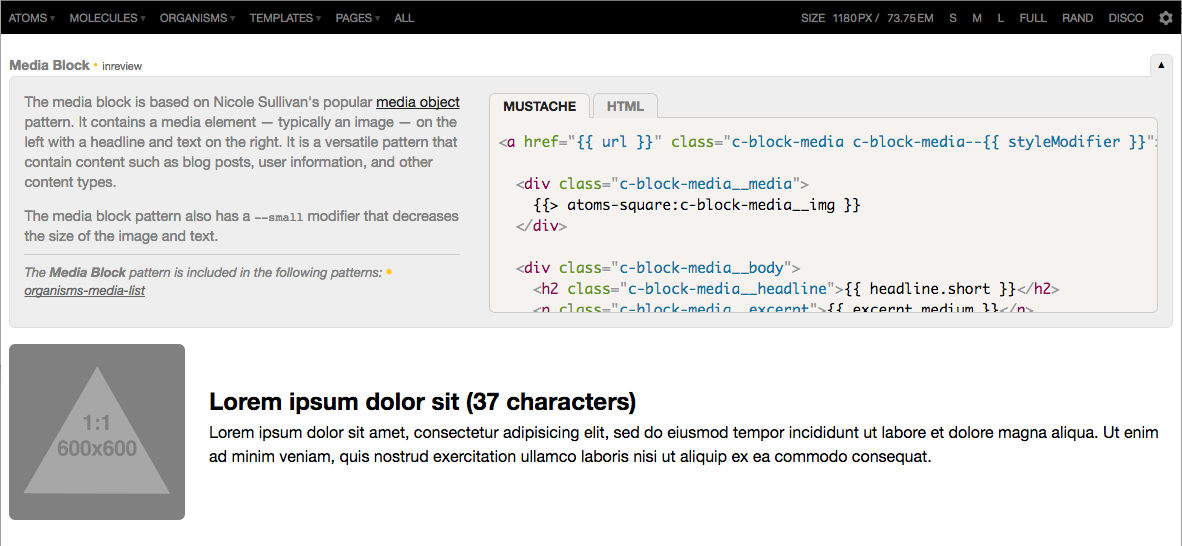 Pattern Lab displays important pattern documentation right alongside the living pattern examples, which helps teams communicate definitions, usage, examples, outside resources, and more.